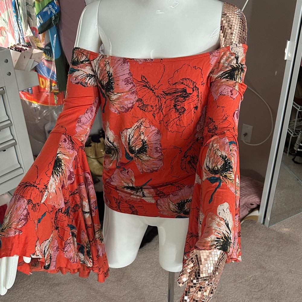 We The Free Red Floral Off-Shoulder Blouse